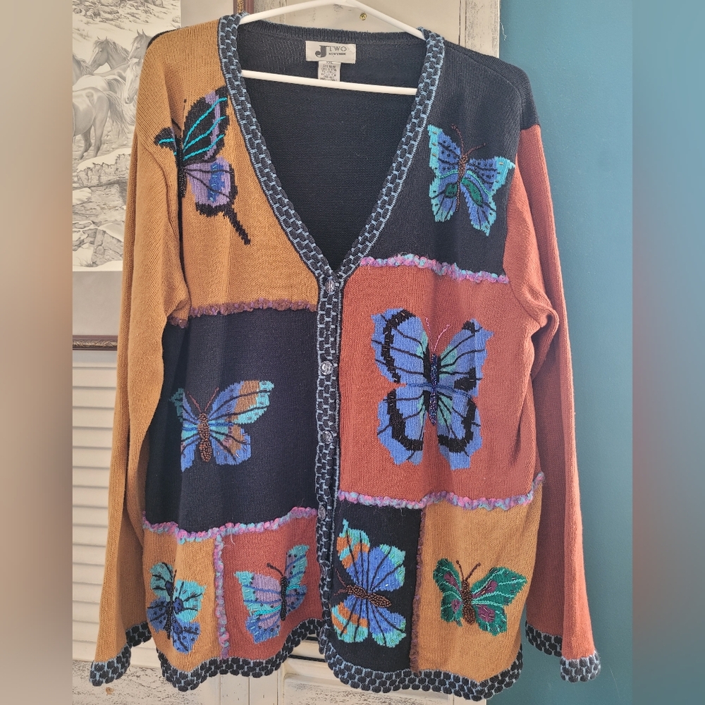 Vintage 90s Y2K Embellished Butterfly Sweater Cardigan XXL Boho Whimsigoth